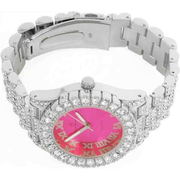 Women\'s Big Rocks Bezel Colored Dial with Roman Numerals Fully Iced Out Watch